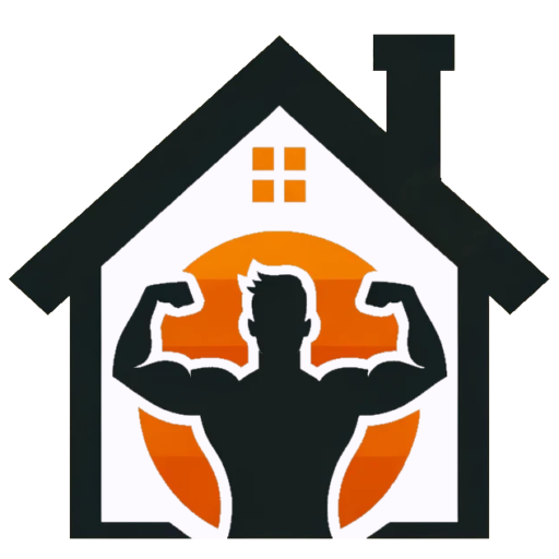 Home Gym Mentor logo featuring a house with a muscular figure flexing arms inside.